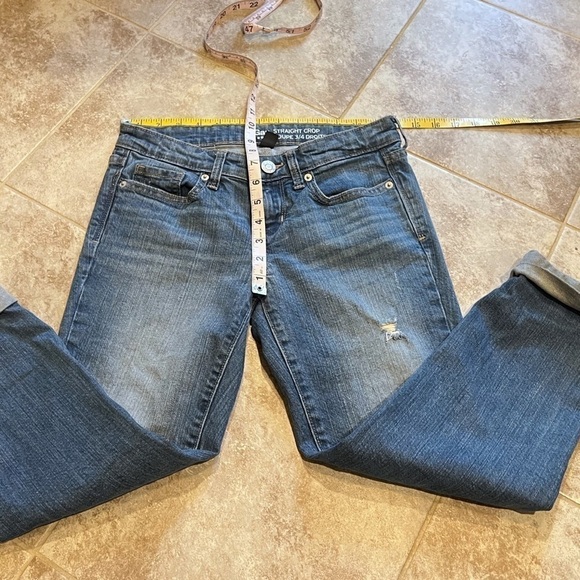 GAP Jeans Straight Crop Coupe 3/4 Cuffed Medium Wash Jeans Distressed Sz 0 blue - Picture 4 of 8